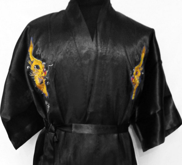 2017 Men's Satin Chinese Style Bridegroom Robes Bathrobe Embroidery Dragon Nightgown Sleepwear Dressing Gown For Male