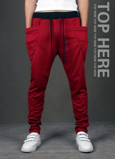 Wholesale- Unique Design Harem Pants Men's Elastic Waist Sports Pants Korean Cool Slim Fit Sweatpants Drop Crotch Pants Men black