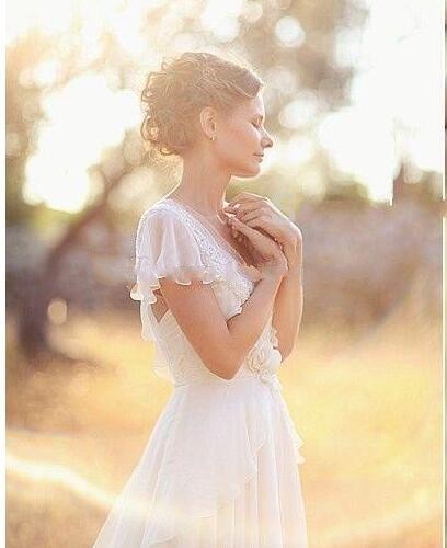 Summer Country Bohemia Beach A Line Dresses Chiffon V Neck Short Sleeves Open Back Wedding Gowns Floor Length Boho Bridal Dress