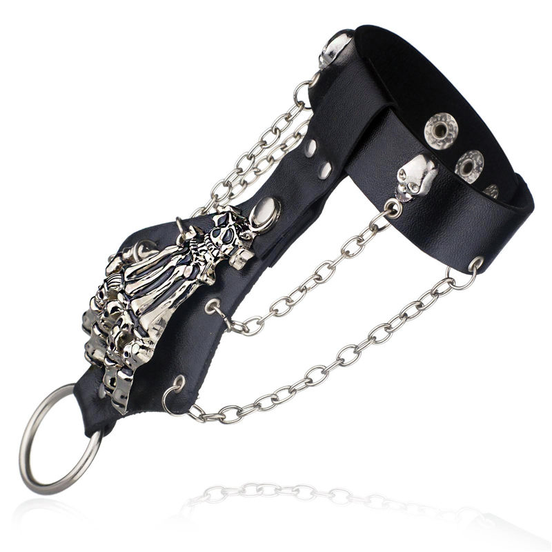 Wholesale-Unisex Cool Punk Rock Gothic Skeleton Skull Hand Glove Chain Link Wristband Bangle Leather Bracelet S244