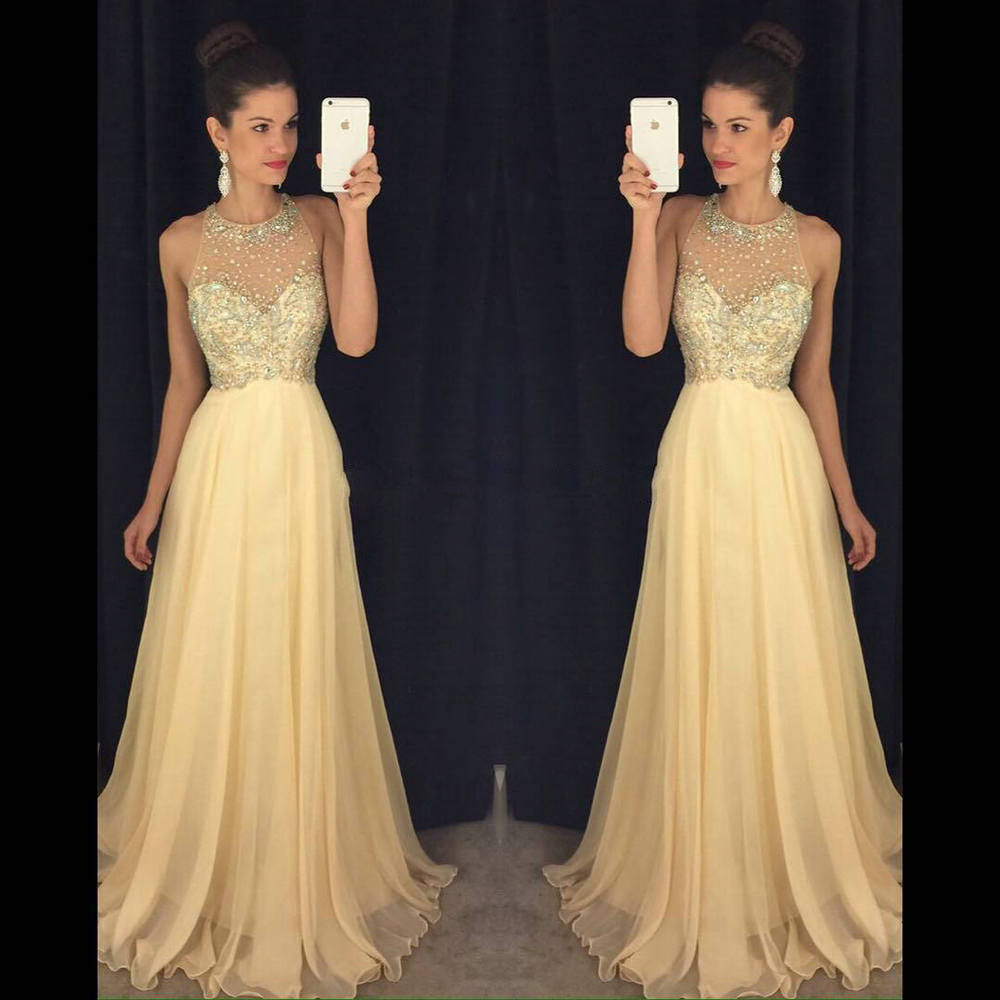 Beautiful Aqua Prom Dresses 2016 Sheer O Neckline Beaded Sequins Chiffon Long Party Prom Gowns