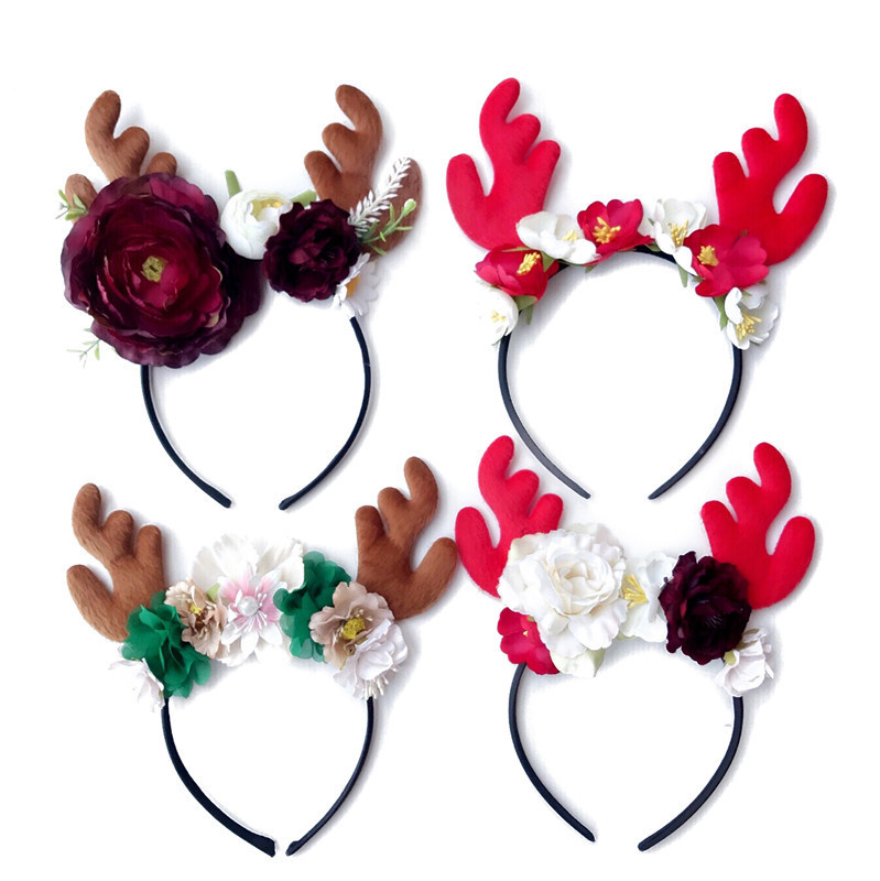 

Christmas Baby Hair Accessories Xmas Elk horn Flower Girls Headbands horned animal Floral Children Hair Sticks Kids Deer Headwear C2380, Mix colors