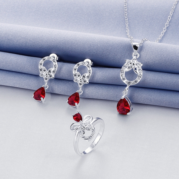 Wedding fashion 925 silver necklace earring ring a famliy of three jewelry three drop sets STSS091B sterling silver purple gemstone rings