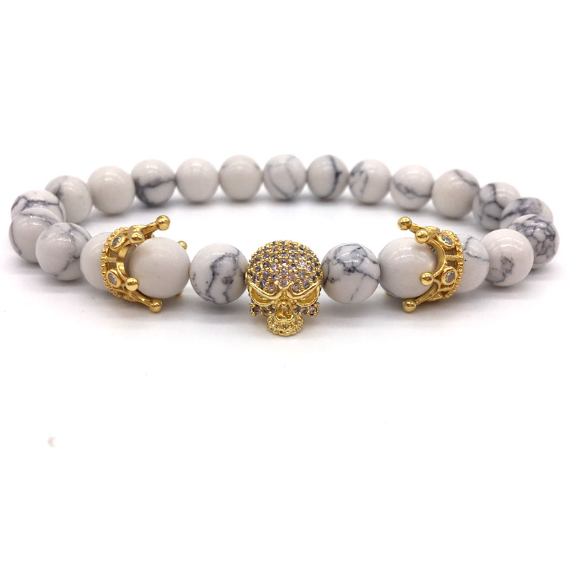 Fashion brand natural Beads Strand PULSERA Pave CZ skeleton cráneo black White Turquoise , Piedra, ROCA Hombres de energ í a Europeo joyería