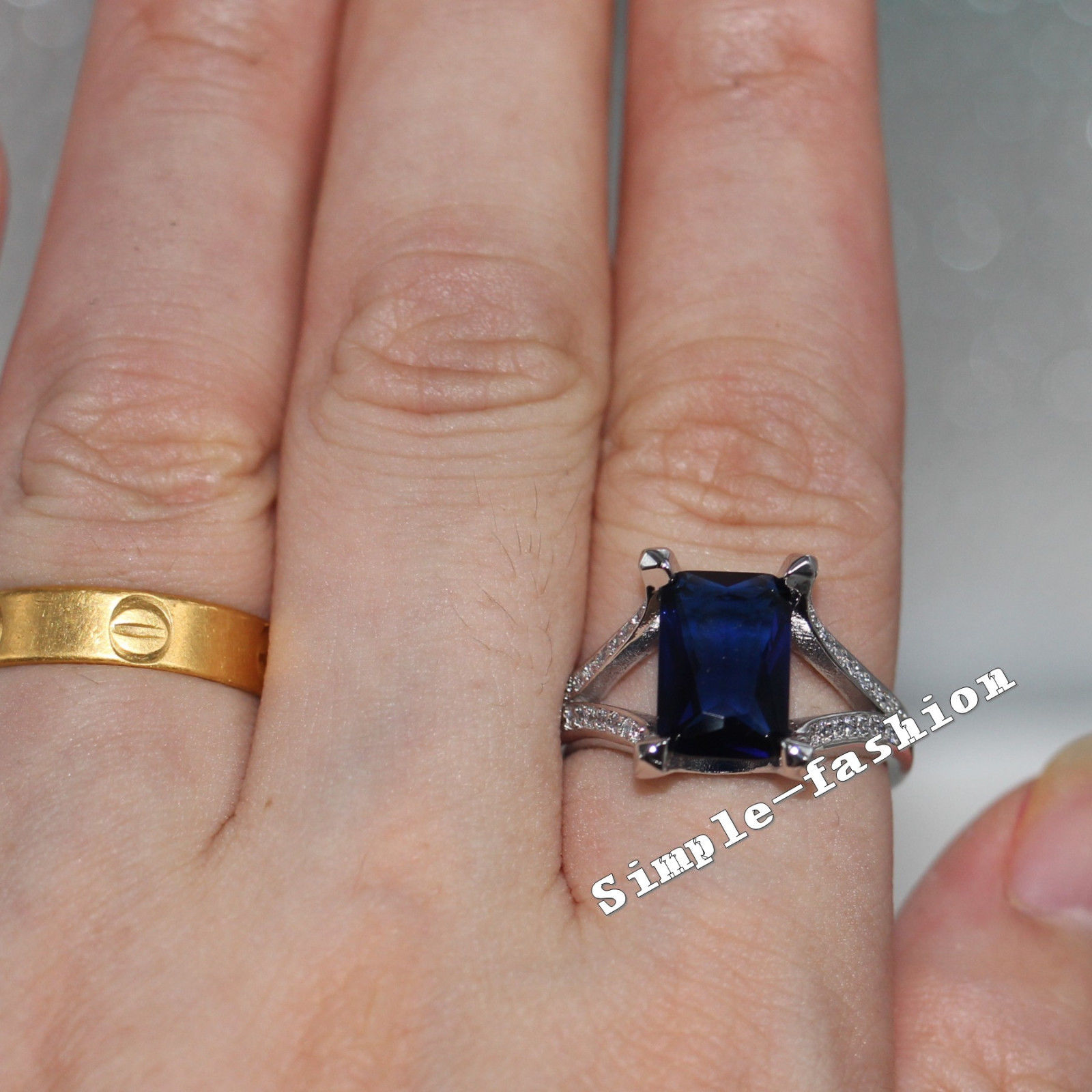 Men's 6ct Sapphire CZ Dia Sterg Sier Handmade Prong Set Wedding Band, Sizes 7-13