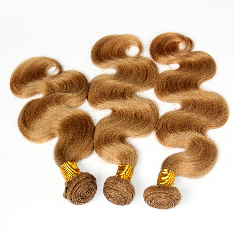 Honey Blonde Indian Body Wave Virgin Human Hair Extensions Color 27 Indian Hair 3Pcs Indian Wavy Hair Weave Bundles Double Drawn Weft