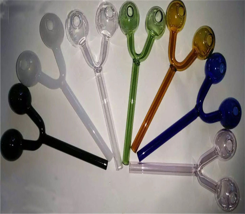 Colorful Glass Oil Burner Pipe, max length 14cm , 2 bubble chamber and bent deesign smoking glass pipes free shipping