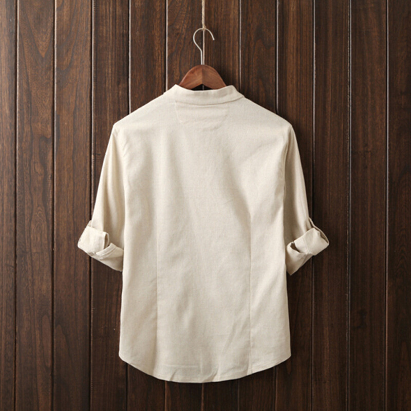 Men's Casual Shirts New Autumn Fashion Brand Men Thanks Flax Pure Color Man's Shirt Seven Chinese Style Shirt Sleeve grey Beige Blue Army