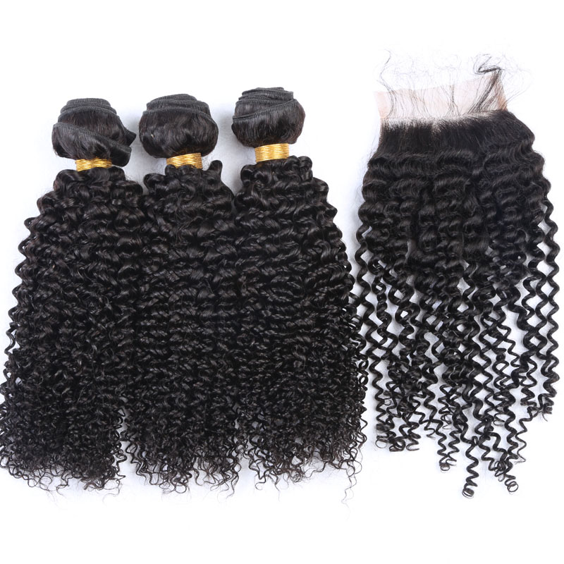 Afro Kinky Curl Brazilian Hair Bundles With Closure Human Hair Weaves Extensions 3Bundles With Lace Closure 4x4 Free Part Natural Color 1B