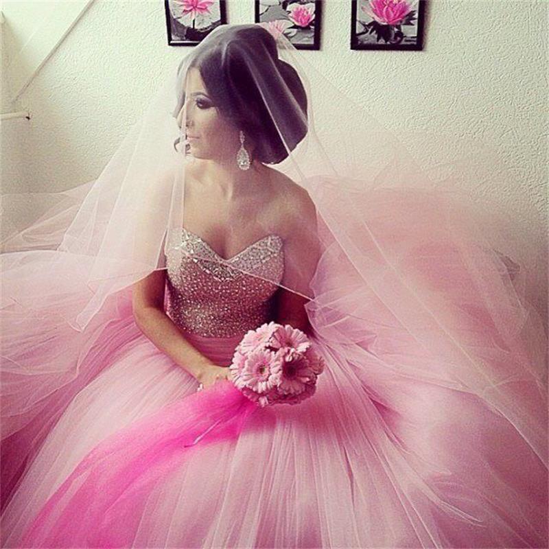 Vestido Noiva Blush Pink Arabic Dress Sweetheart Strapless Crystal Wedding Gown Tiered Tulle Beaded Robe De Mariage Bridal Gowns 0510