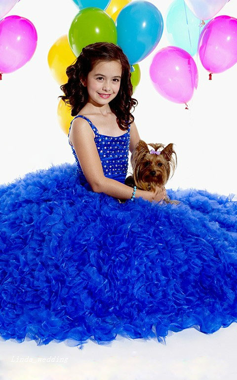 High Quality Cute Beauty Royal Blue White Girl's Pageant Dress Princess Organza Party Cupcake Flower Girl Pretty Dress For Little Kid