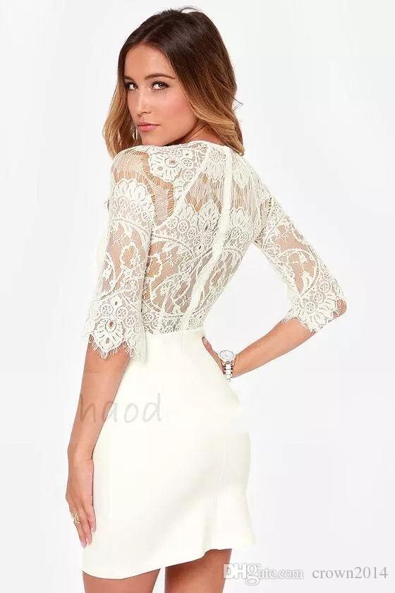 Sexy Sheath High Neckl Short Cocktail Dresses Zipper Back Lace Party Dresses Half Sleeve Prom Formal Evening Dresses In Stock