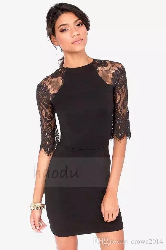 Sexy Sheath High Neckl Short Cocktail Dresses Zipper Back Lace Party Dresses Half Sleeve Prom Formal Evening Dresses In Stock