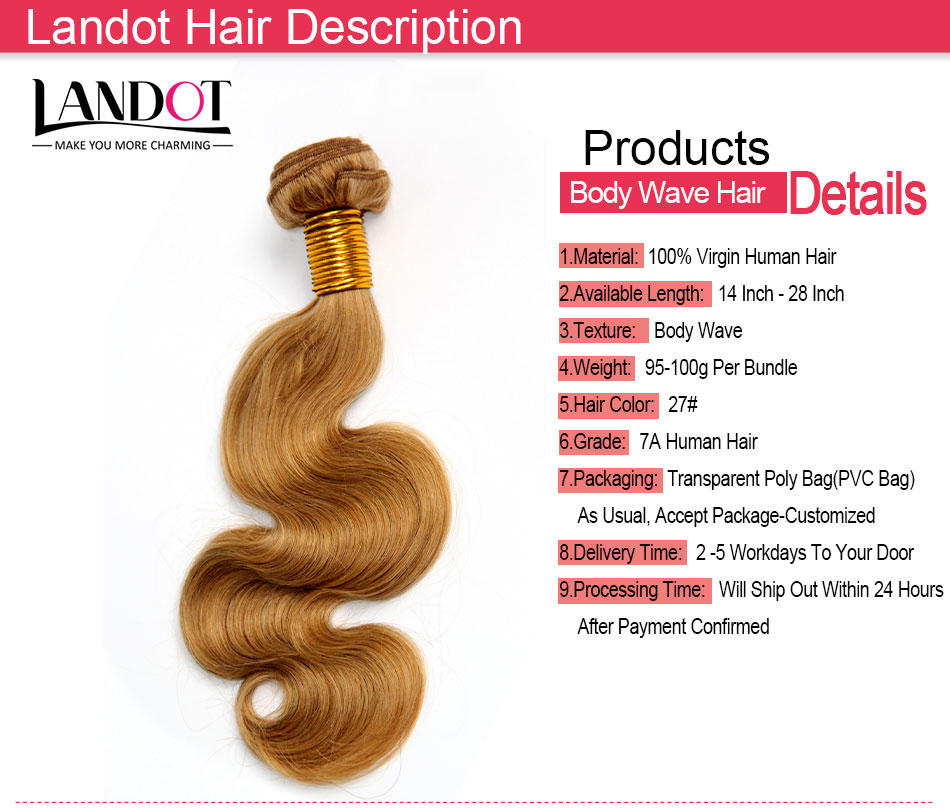 Fashion Color #27 Strawberry Honey Blonde Brazilian Peruvian Malaysian Indian Body Wave Virgin Remy Human Hair Weaves Extensions Bundles