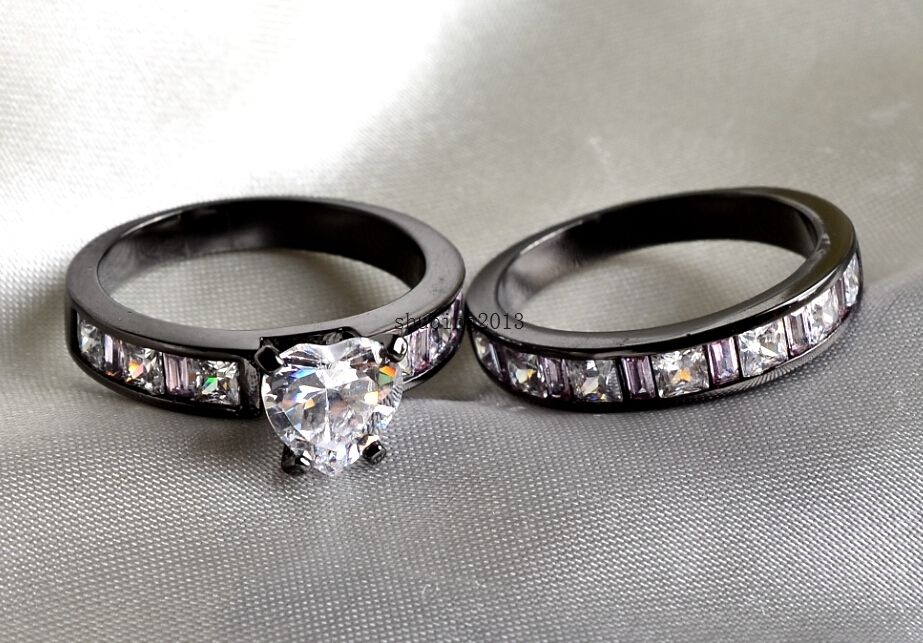 Exquisite 2024 Women's 10Kt Black Gold Filled Sapphire Simulated Dia Wedding Ring Set (Size 5-11)