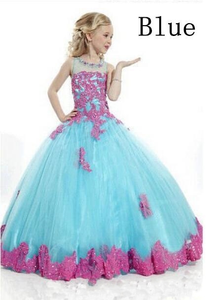 White And Red Flower Girls Dresses For Wedding Tulle Lace Applique Sheer Neckline Beaded Ball Gown Kids Children Girls Party Pageant Gowns