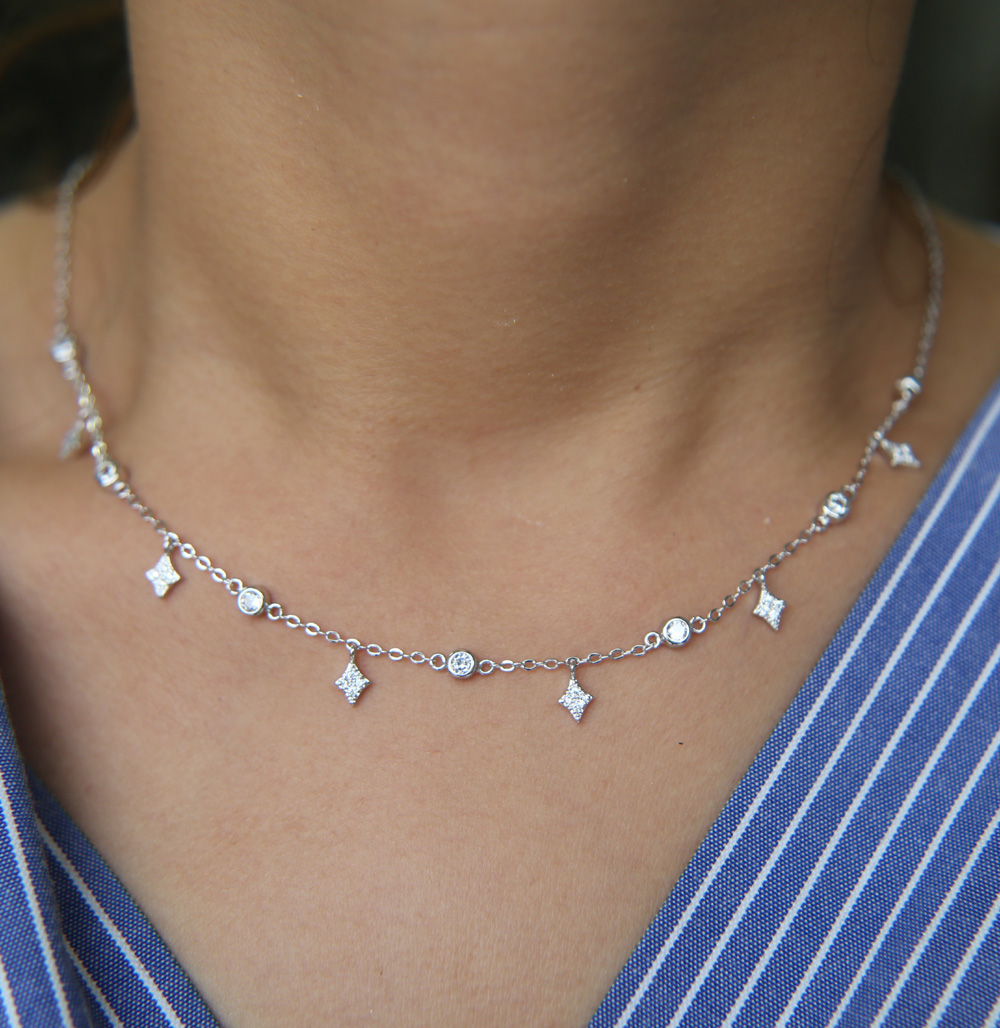 factory fashion women choker 337cm gold rose rhodium diamond shape cz drop charm cz station women gold fashion necklace