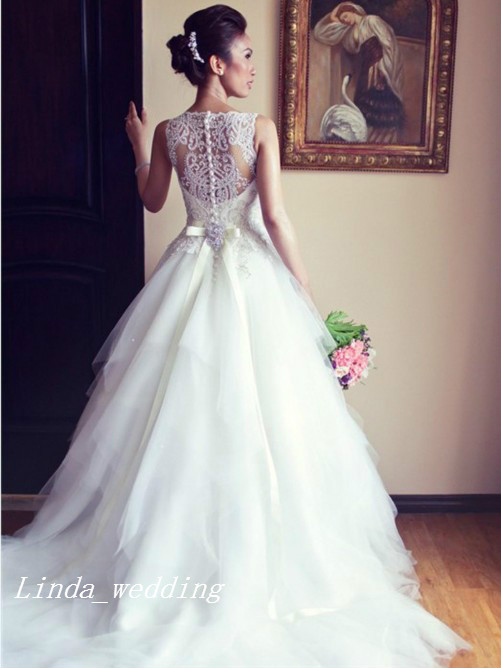 Free Shipping 2019 Princess Bateau Sleeveless Beading Court Train Tulle Women Wedding Dresses Bridal Gowns Women