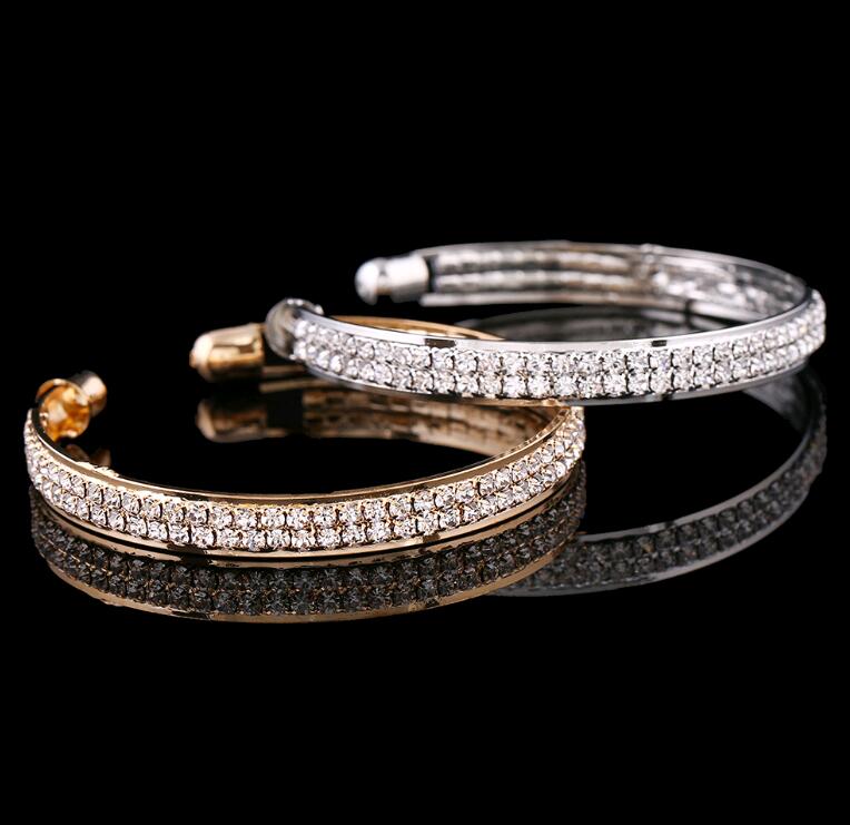 10pcs New Cuff Jewelry 2 Rows Rhinestone Crystal Gold Silver Bangle Bracelets for Women Free shipping