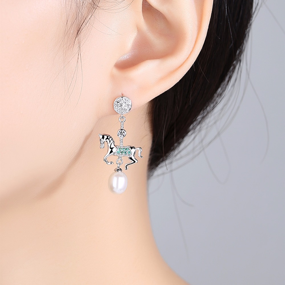 PAG&MAG 925 Sterling Silver Fashion Creative Color Carousel Drop Earrings For Girl Natural Pearl Pendant Earrings Women Jewelry