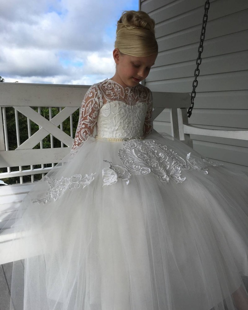 Real Picture Long Sleeve Girls Pageant Dresses Applique Floor Length Flower Girl Dress For Wedding Gown Kids Formal Dress Christmas Wear