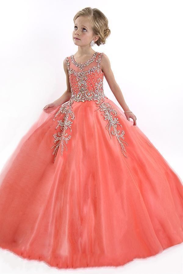 New 2016 Little Pageant Dresses Princess Illusion Jewel Crystal Beads Coral Tulle Kids Flower Girls Dress Cheap Birthday Gowns