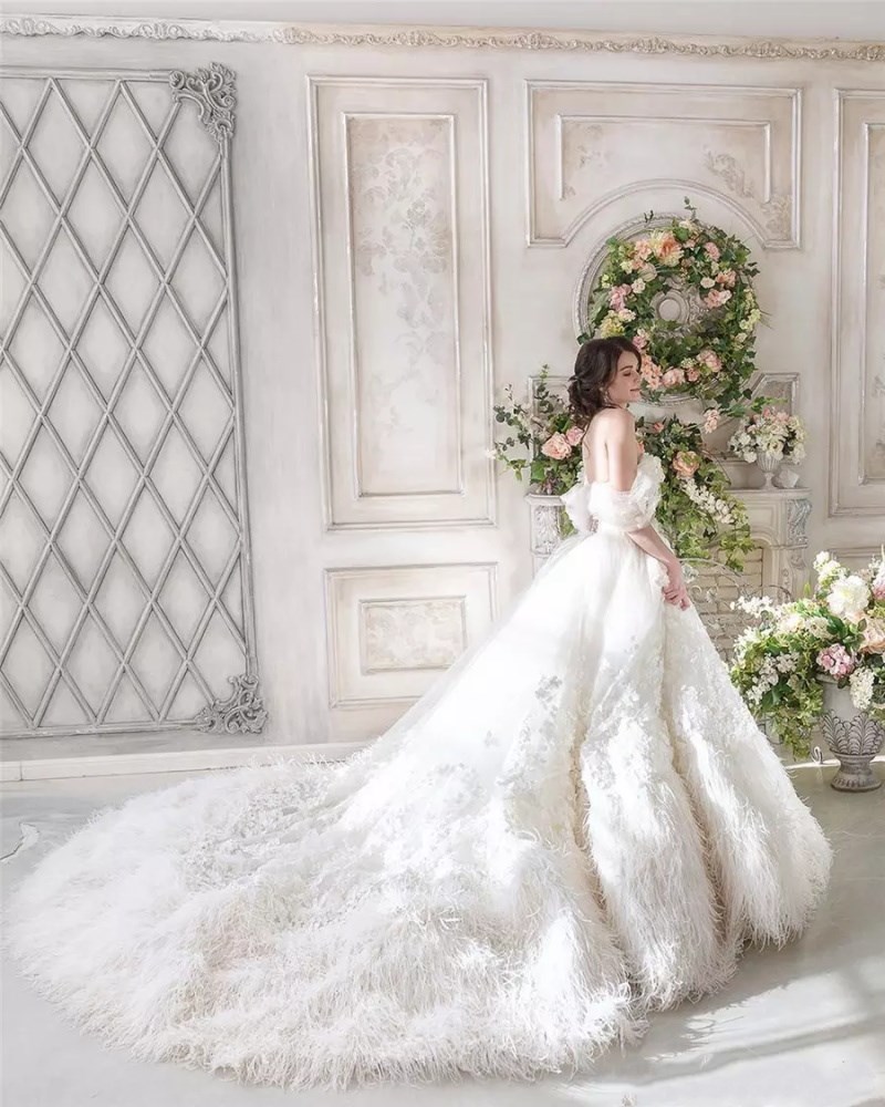 Luxury Ball Gown Wedding Dresses Off The Shoulder Pure White Ostrich Feather Applique Sleeveless Sweep Train Wedding Dresses Free Shipping