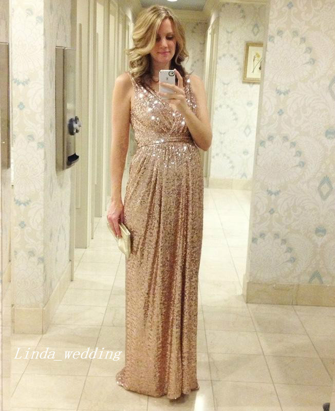 Rose Gold Sparkly Sequins Bridesmaid Dress Popular A-Line V-neck Floor Length Long Maid of Honor Wedding Party Gown