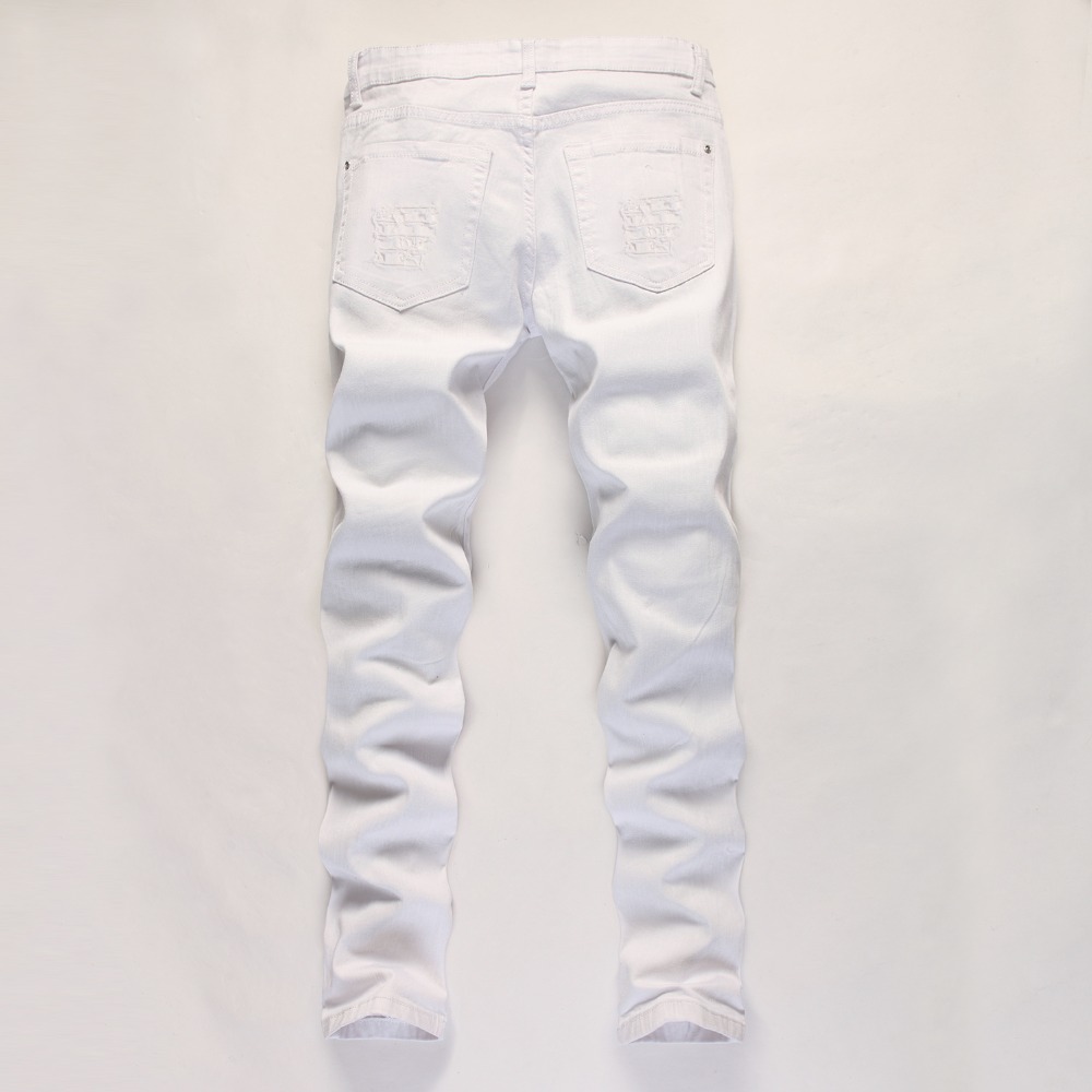 Wholesale-2016 new white men's casual jeans big hole in knee pants zipper jeans fashion jeans and comfortable