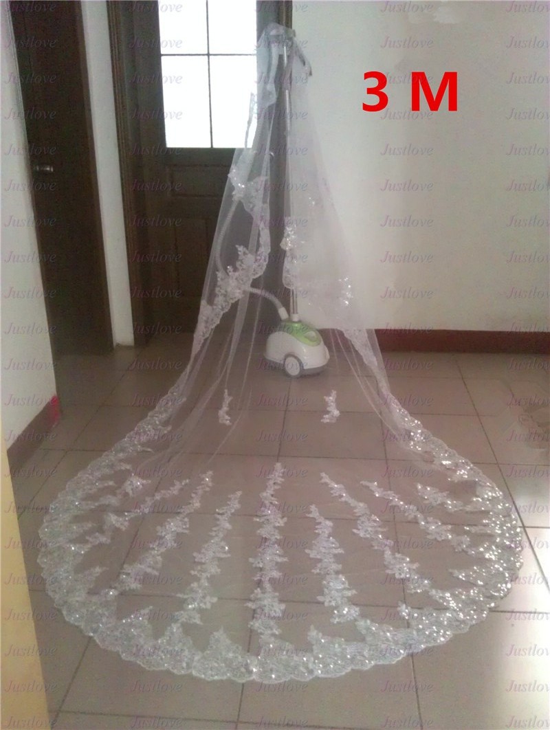 Best Selling New Long White Ivory Lace Edge Cathedral Wedding Veils Bridal Veil Sequin Crystal Beaded 1 Layer without comb Can Cove Face