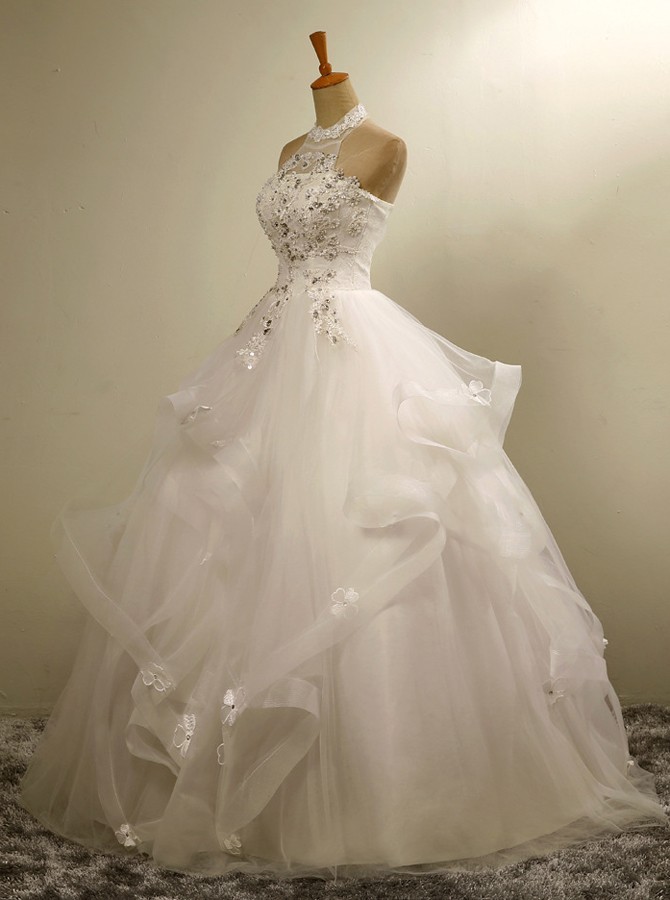 Sheer Halter Neck Organza Ball Gown Wedding Dresses with Appliques Beading Lace-up Real Photo Floor-Length Bridal Gowns Vestidos De Novia