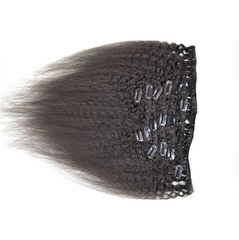 100% Peruvian human hair kinky straight 7pcs clip in hair extensions natural black hair weft G-EASY