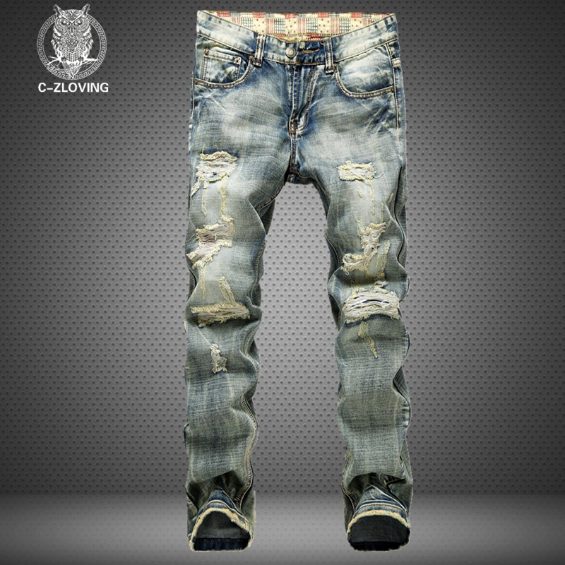 2016 men's new hole retro jeans worn Denim,denim trousers fashion men straight jeans stitching multi hole and the wind wash jeans 28-42