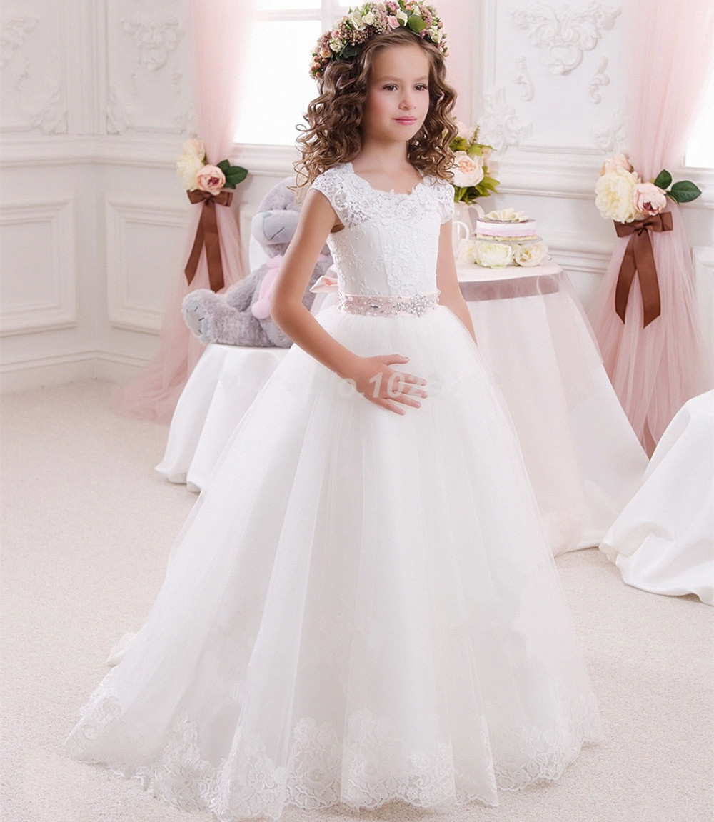 Princess Ball Gown White Lace Flower Girls Dresses For Weddings Cheap Tulle Belt Bow Knot Custom First Communion Dress Gown