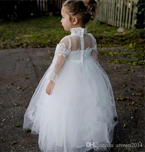 Lovely Lace High Neck Flower Girls Dresses Long Sleeves 2022 Tulle Ball Gowns Little Kids Skirts Princess First Communion Dresses Children