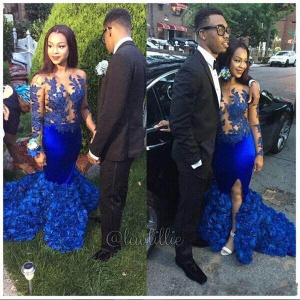 2018 Royal Blue Sheer Top Mermaid Prom Dresses with Long Sleeves Lace Applique Roses Train Mid East Side Split Evening Dresses Party Gowns, Red
2018 Royal Blue Sheer Top Mermaid Prom Dresses with Long Sleeves Lace Applique Roses Train Mid East Side Split Evening Dresses Party Gowns, Red