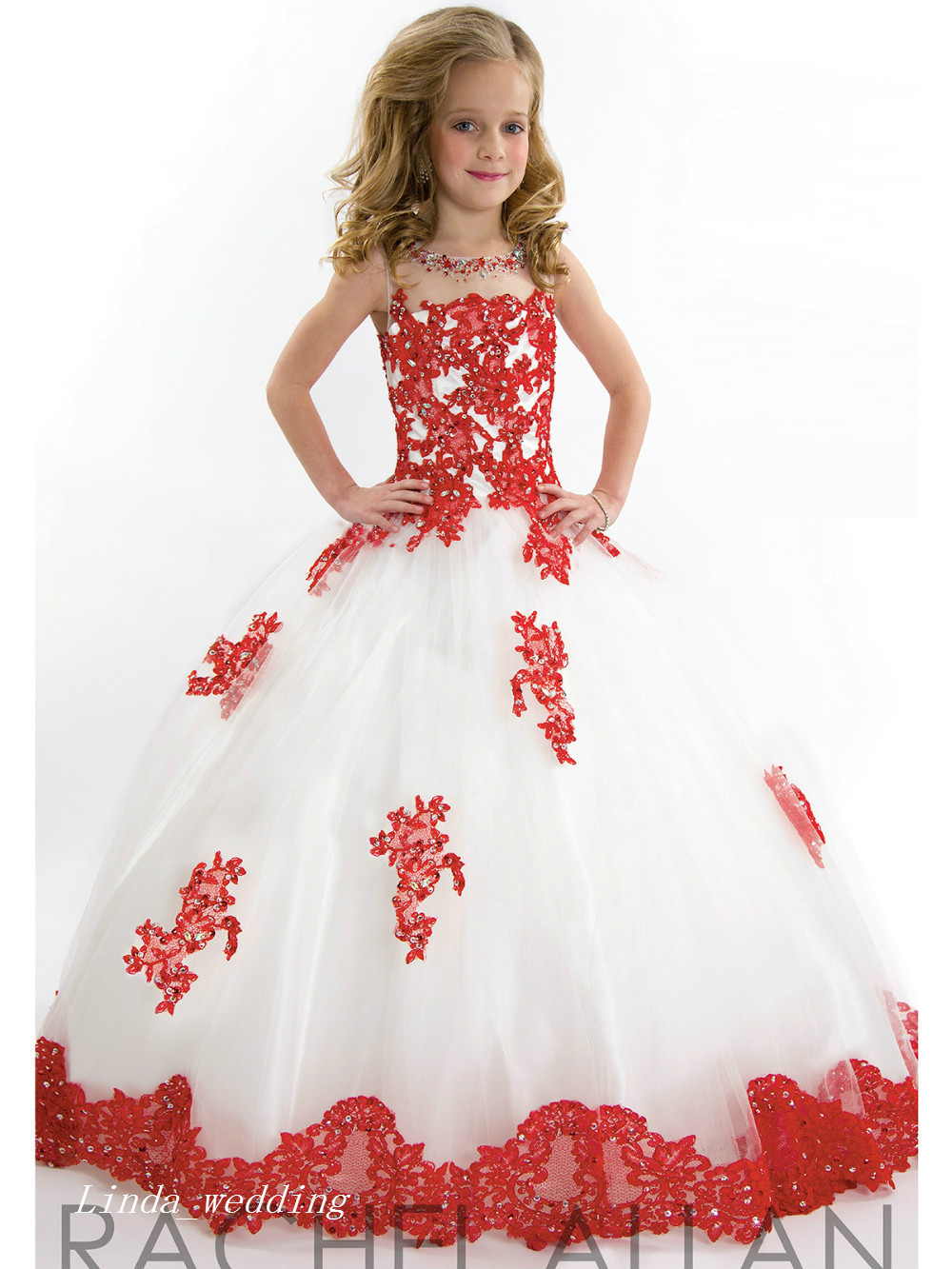 Cute White and Red Girl's Pageant Dress Princess Ball Gown Tulle Party Cupcake Pretty Little Kids Queen Flower Girl Dress