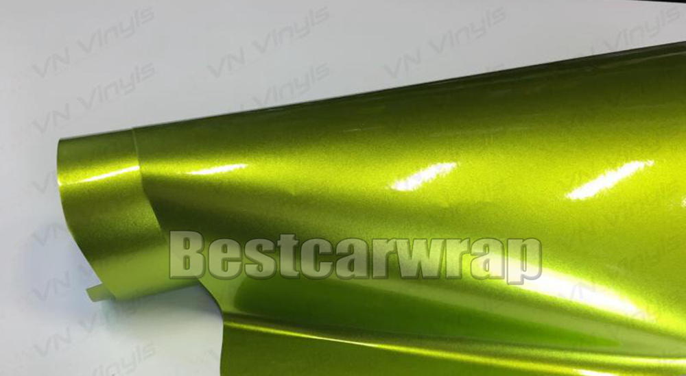 Lime Green Gloss metallic Vinyl Wrap With Air bubble Free Glossy Lemo Full Car Wrap covering tuning foil Size:1.52*20M/Roll 4.98x66ft