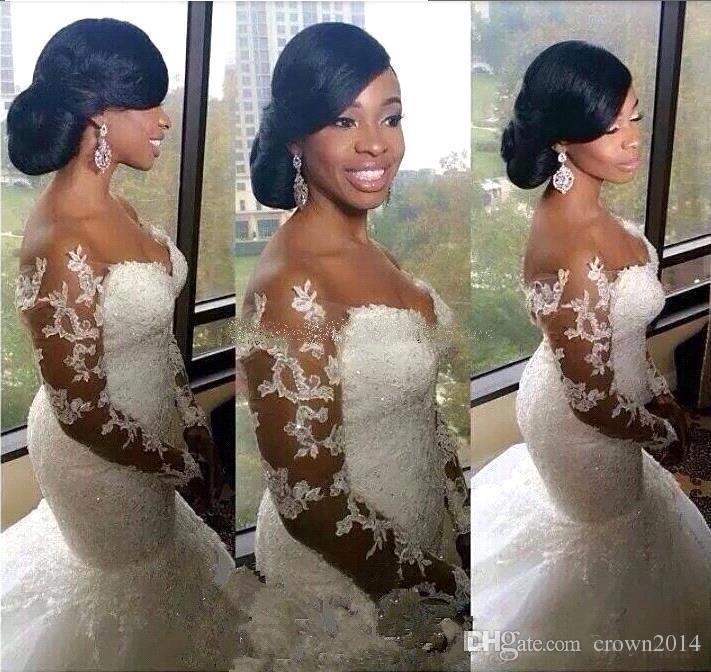 Long Sleeves Lace Mermaid Wedding Dresses South Africa Sheer Applique Plus Size Church Bridal Gowns Court Train White Wedding Gown
