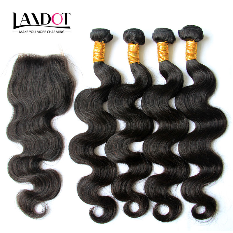 

5Pcs Lot Indian Body Wave Virgin Human Hair Weaves 4 Bundles With Lace Closure Unprocessed Indian Hair Top Closures 4*4 Size Natural Color