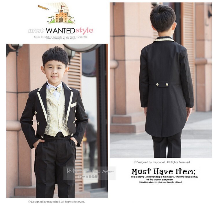 2016 New Children Tailcoat Black Tuxedo Set Costume Birthday Fashion Casual Formal Boy Wedding Suits Blazers 5PCS Set F1016