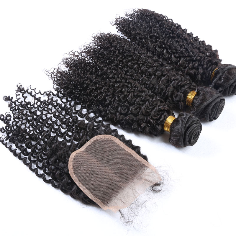 Afro Kinky Curl Brazilian Hair Bundles With Closure Human Hair Weaves Extensions 3Bundles With Lace Closure 4x4 Free Part Natural Color 1B
