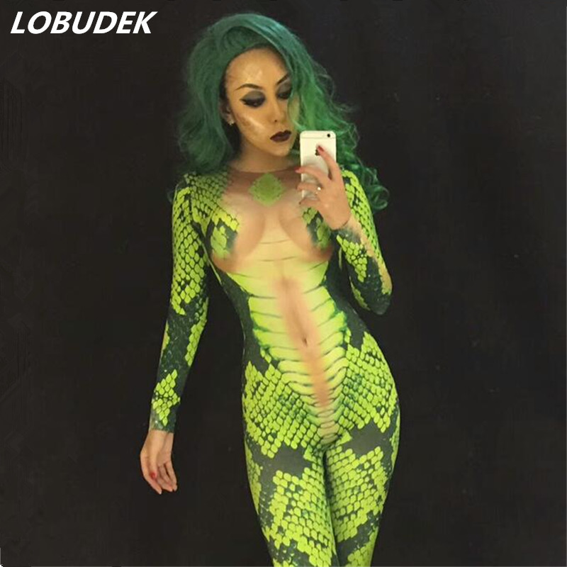 Novelty Snake tattoo Printing jumpsuit sexy leotard elastic bodysuit Nightclub Bar Cosplay role costume singer stage show Romper DJ costumes, Green
Novelty Snake tattoo Printing jumpsuit sexy leotard elastic bodysuit Nightclub Bar Cosplay role costume singer stage show Romper DJ costumes, Green