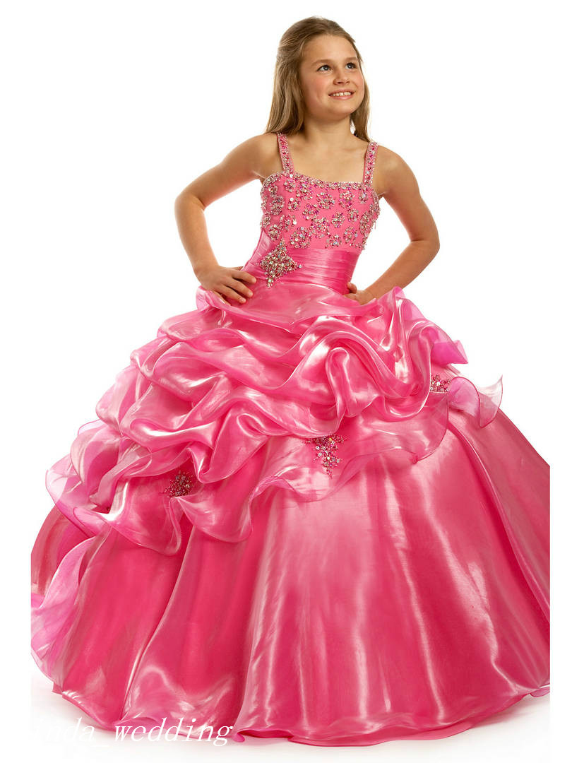 Pink Girl's Pageant Dress Princess Ball Gown Beaded Spaghetti Party Cupcake Prom Dress For Young Short Girl Pretty Dress For Little Kid