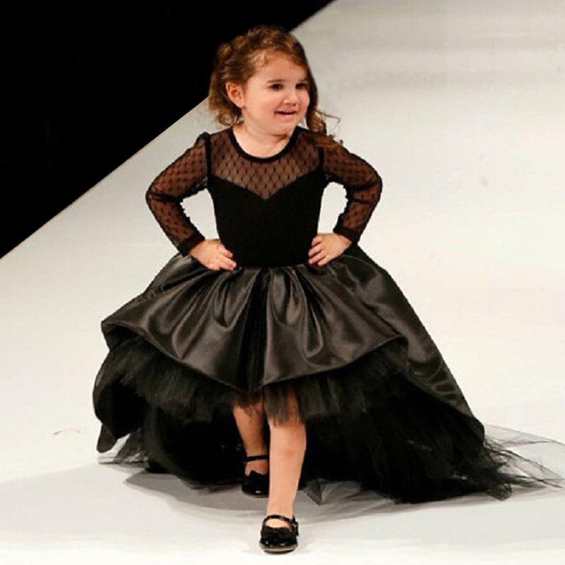 2022 New Black Long Sleeve Flower Girl Dresses For Wedding With Bow Tulle Jewel Neck Puffy Beaded High Low Little Girls Pageant Formal Dress