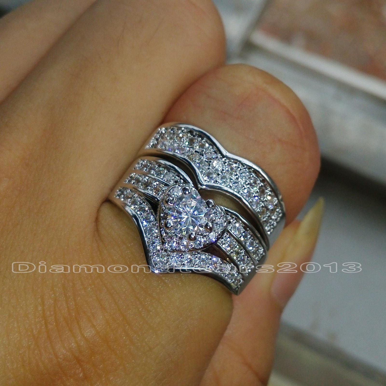 10K White Gold Bridal Ring Set: Round Cut Sapphire CZ & Dia Simulants