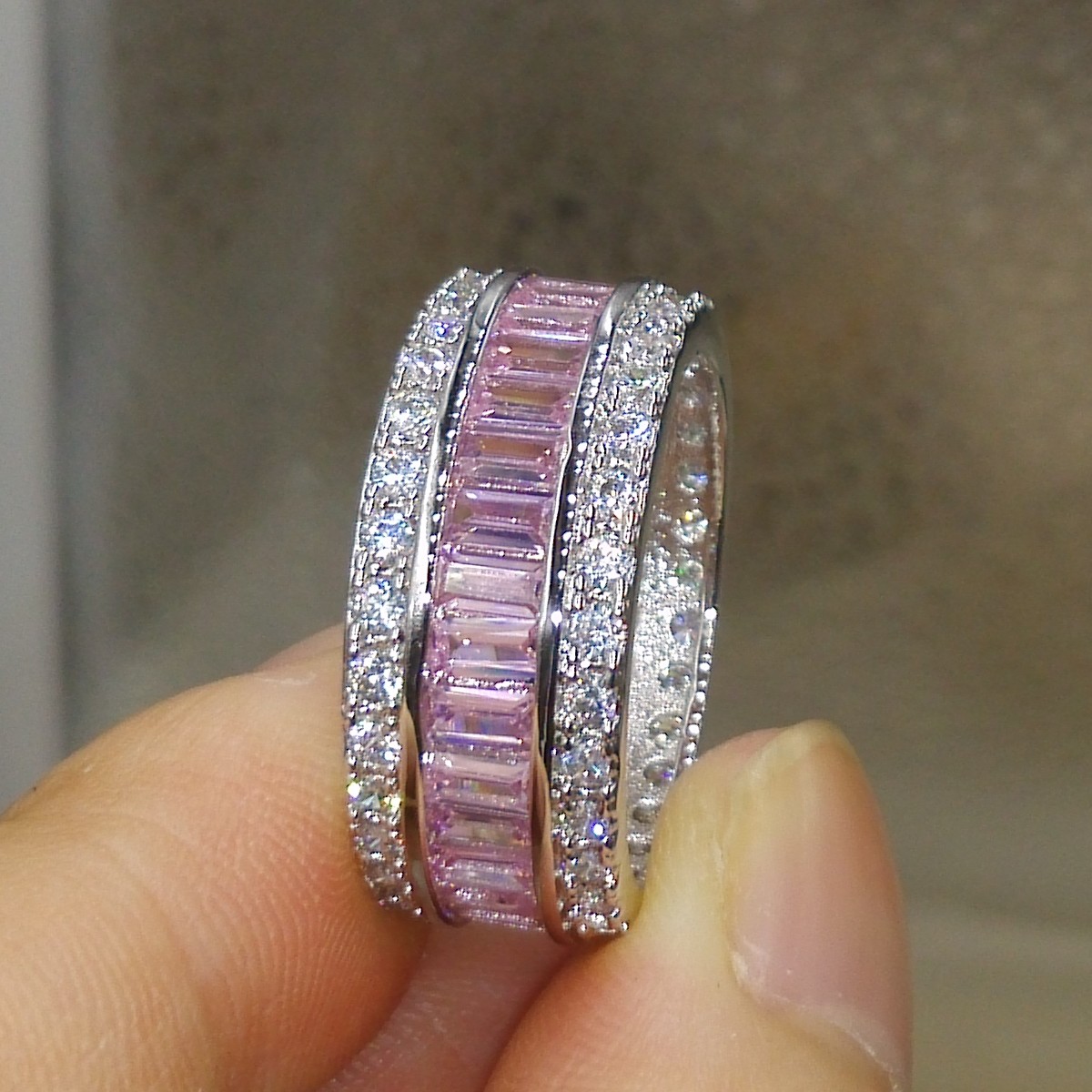Victoria Wieck Jewelry Full Princess Cut Pink Sapphire Sterling Sier Simulated Dia Gemstones Wedding Band Ring Size 5-11