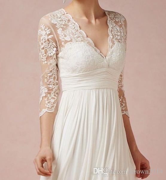 3/4 Long Sleeve Short Beach Lace Wedding Dresses With V-Neck Ruffles Knee Length Empire Backless Chiffon Summer Bridal Gowns New Fashion