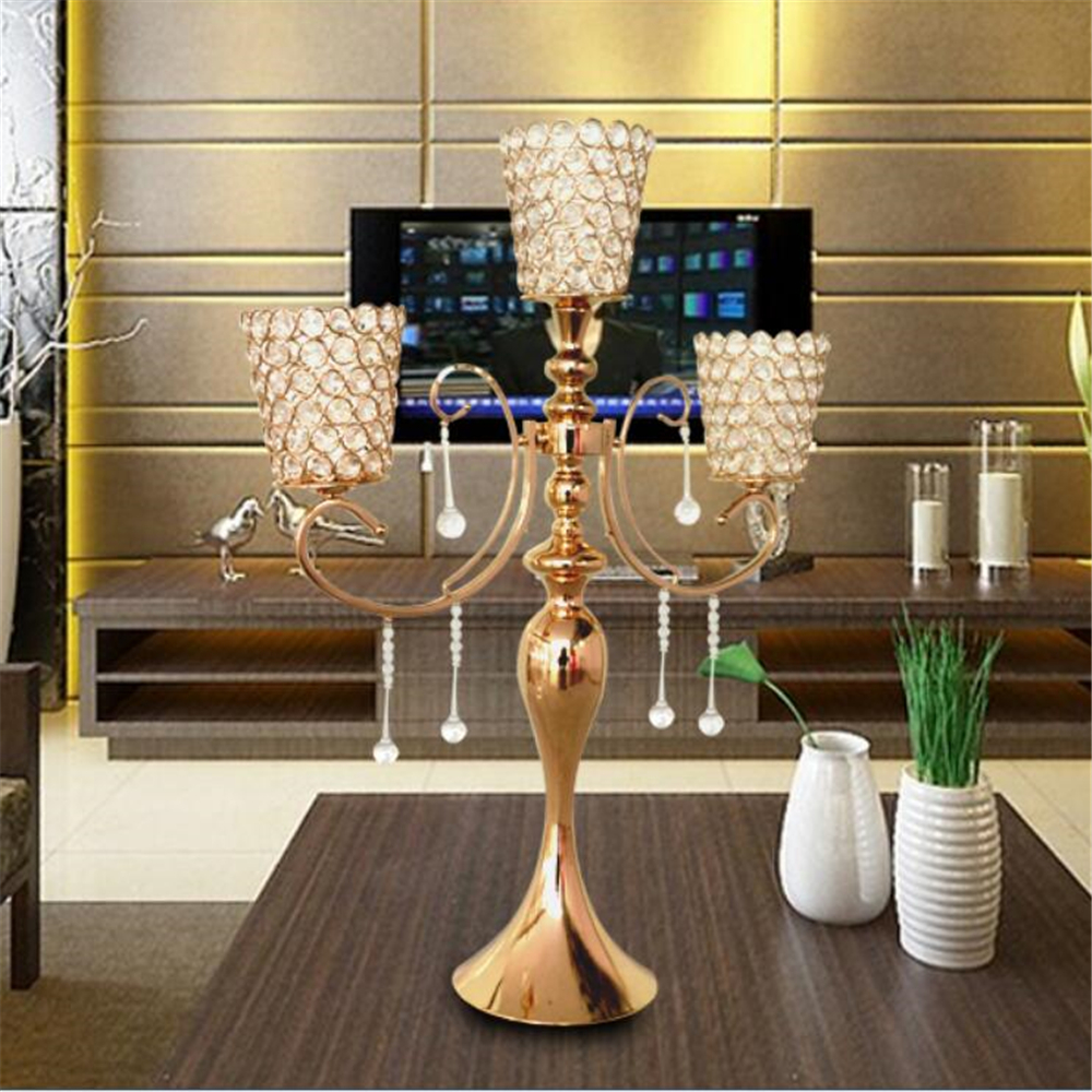 65cm height 5-arms metal Gold candelabras with pendants sumptuous wedding table candle holder home decoration 10 pcs/lot