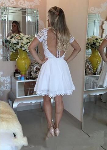 Applique White Homecoming Lace V Neck Sleeves Beaded Short Tail Gowns Knee Length With Sashes Custom Made Prom Dresses